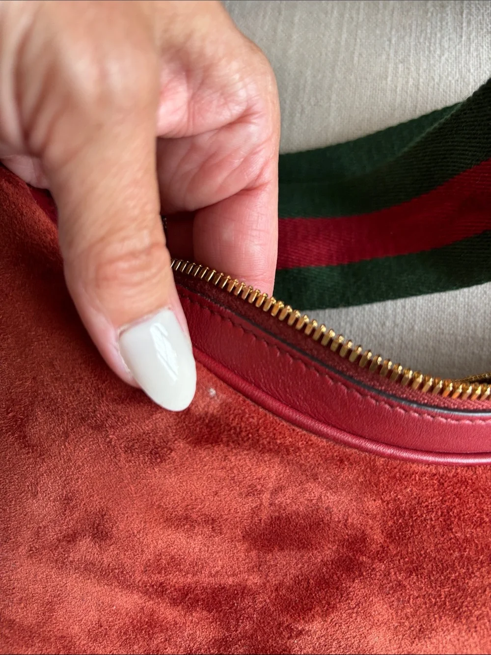 Gucci Orange Red Suede Shoulder Bag with Green-Red Web Strap - Picture 6 of 13
